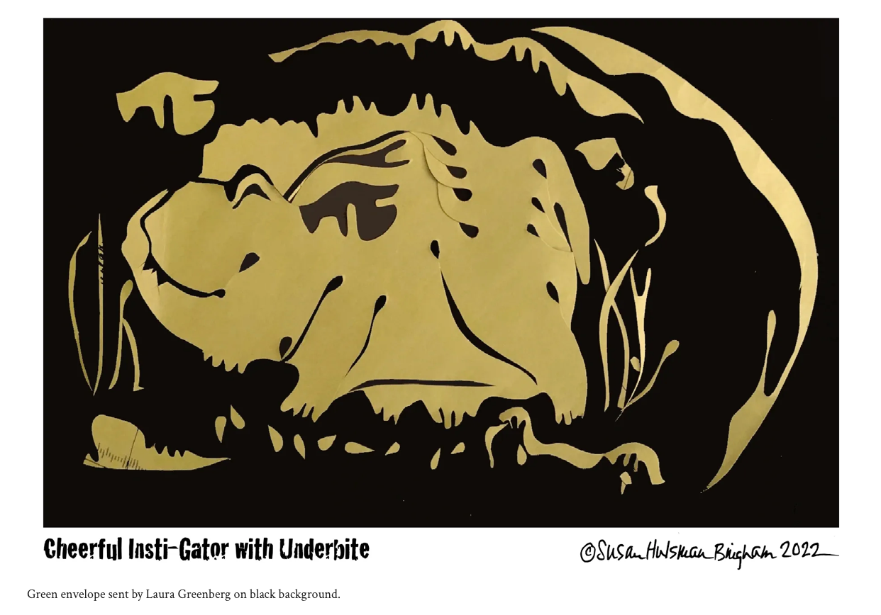 Cheerful Insti-Gator with Underbite – gold envelope cutout on black background by Susan Hulsman Bingham