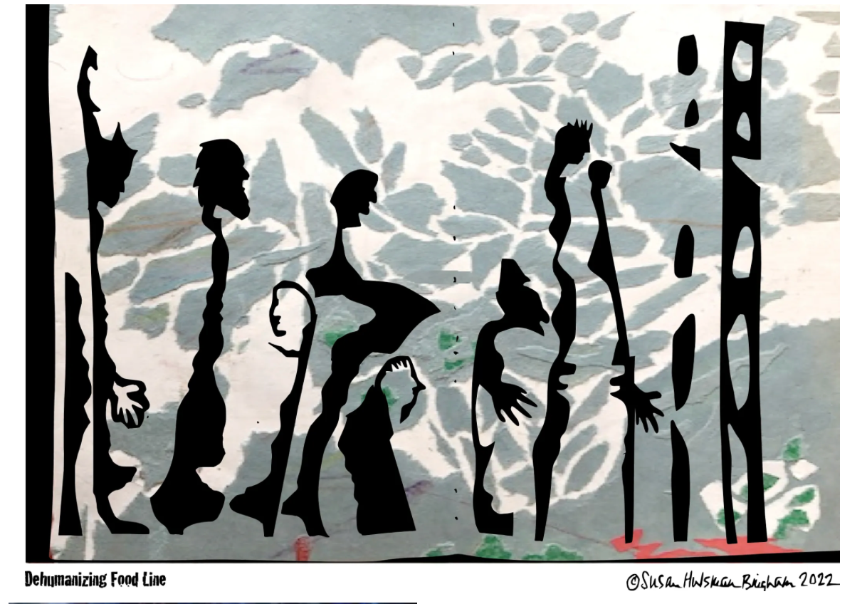 Dehumanizing Food Line – black paper cutouts on painted background by Susan Hulsman Bingham