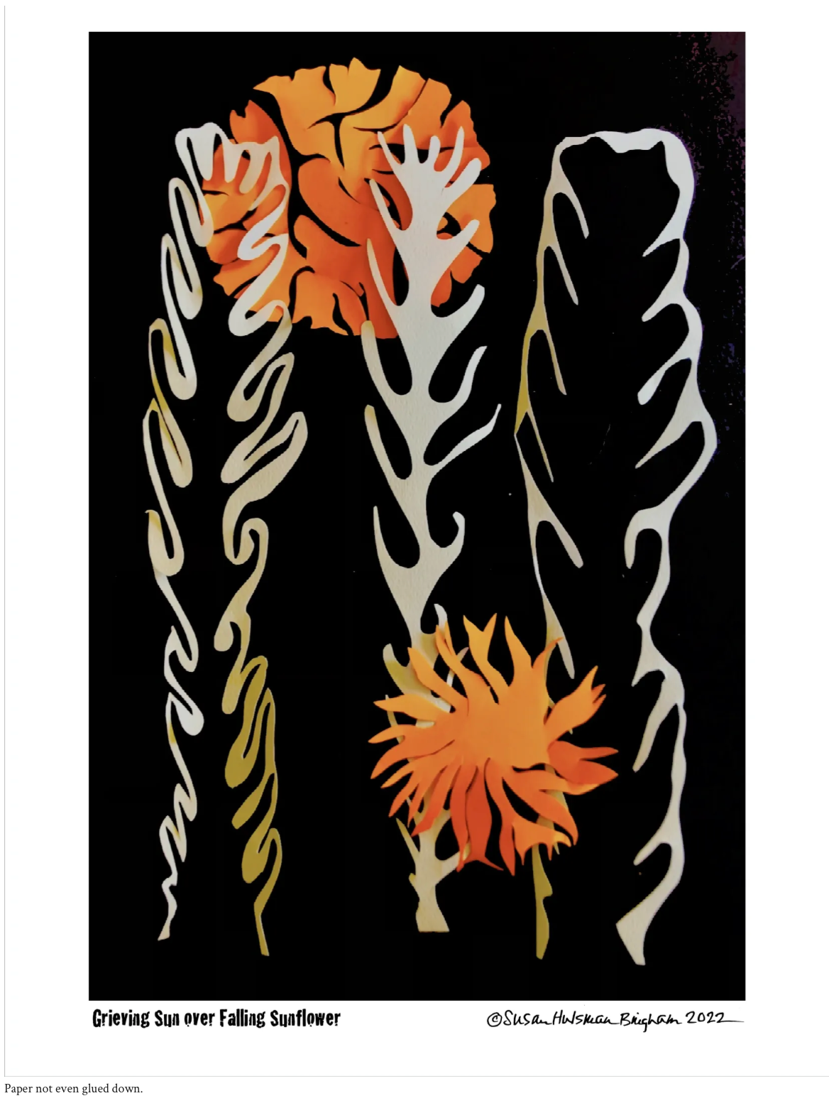 Grieving Sun over Falling Sunflower – paper cutout by Susan Hulsman Bingham
