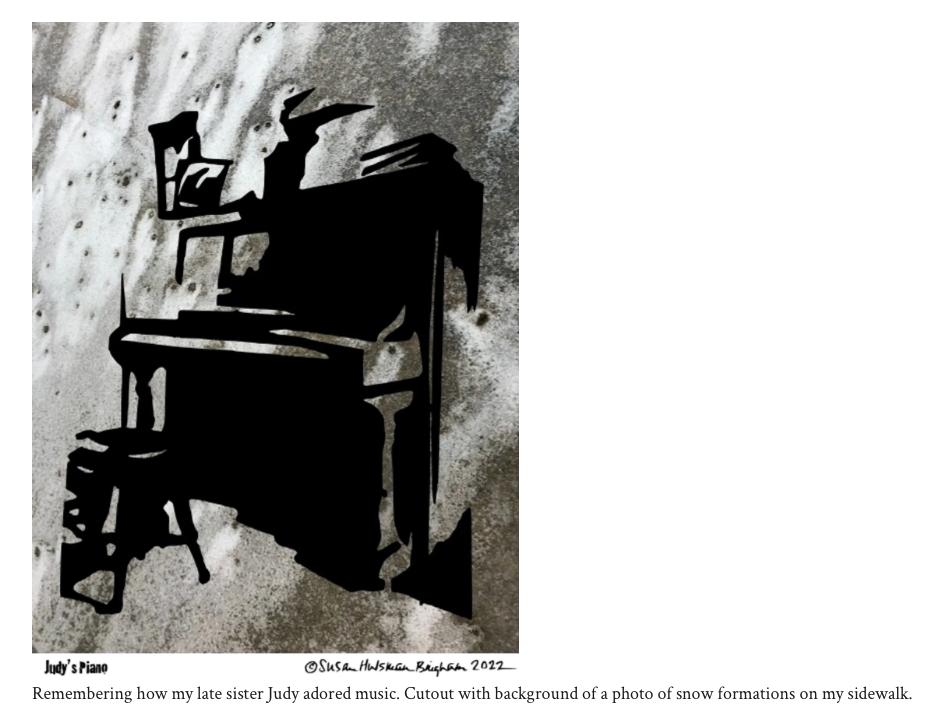 Judy's Piano – black paper cutout on snow formation photo by Susan Hulsman Bingham