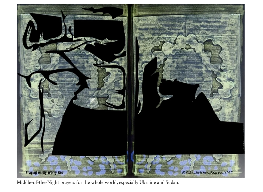 Praying on my Worry Bed – mixed media cutout by Susan Hulsman Bingham