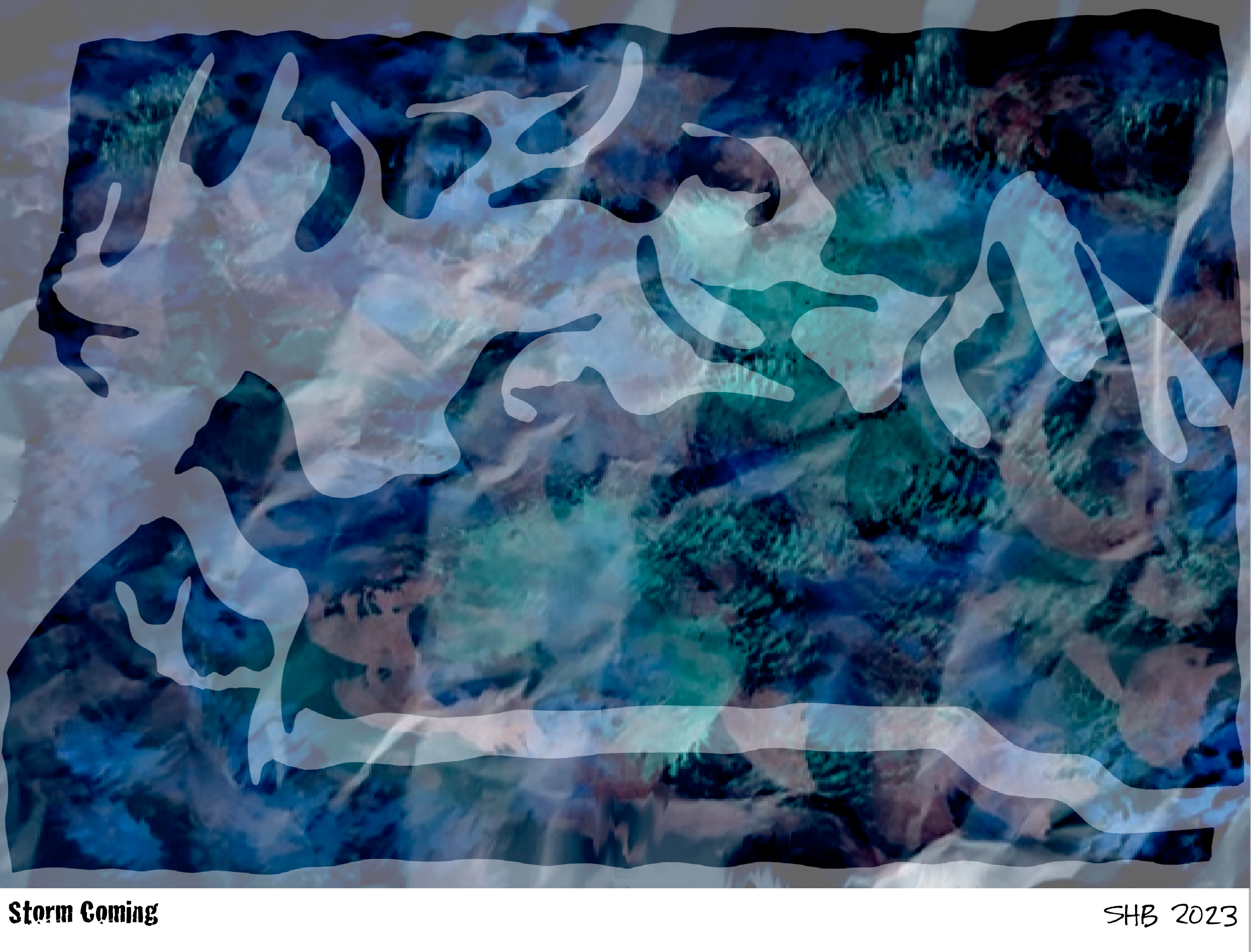 Storm Coming – mixed media cutouts on moody blue-teal background by Susan Hulsman Bingham