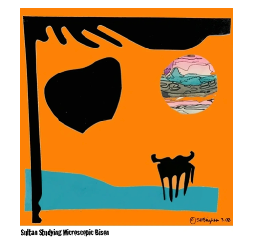 Sultan Studying Microscopic Bison – mixed media cutout on orange background by Susan Hulsman Bingham